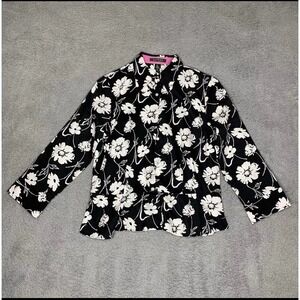 LRL Ralph Lauren Top 10 Ruffled Bottom Blouse Black White Floral Pink Trim Artsy